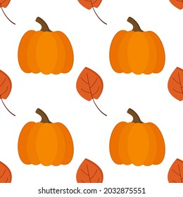 Pumpkin and autumn leaf pattern on a white background for use in design packaging or textiles