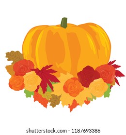 pumpkin with autumn leafs and roses, vector 