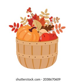 Pumpkin, autumn leafy bouquet, red apples in a wicker basket. Vector clipart, white background.