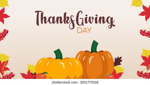 Pumpkin, autumn leaves and berries Thanksgiving day design. Fall greeting card. Template background. Editable vector illustration
