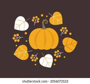 Pumpkin and autumn leaves decoration. Vector illustration.