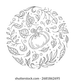 Kürbis und Herbst Blätter doodle Vektorgrafik. Gemütlicher Herbst Kreis Malvorlage.