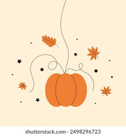 Pumpkin and autumn leaves. Flat vector illustration