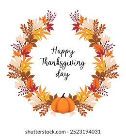 Pumpkin and autumn leaves frame. Happy Thanksgiving day greeting card. Vector illustration on transparent background