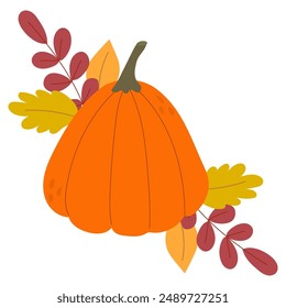 Pumpkin and autumn leaves. Seasonal template with orange gourd and autumn leaves.