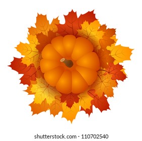 Pumpkin and autumn maple leaves. EPS 10 vector illustration.