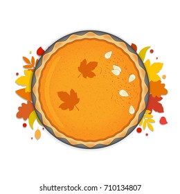 Pumpkin autumn orange pie with pumpkin seeds and seasoning on the top and with autumn leaves around. Top view vector illustration, isolated on white.