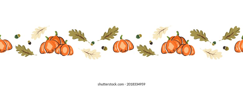 Pumpkin autumn seamless horizontal pattern with leaves, Thanksgiving, harvest or Halloween seasonal vector background design