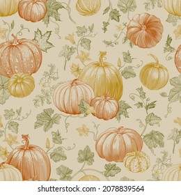 Pumpkin. Autumn Seamless pattern. Botanical vintage illustration. Yellow, Green, Red 