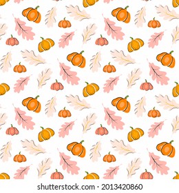 Pumpkin autumn seamless pattern print with leaves, Thanksgiving, harvest or Halloween seasonal background design