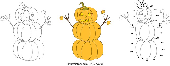Pumpkin autumn snowman with friendly face. Coloring and dot to dot educational game for kids. Vector illustration