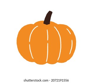 Pumpkin, autumn vegetable for Halloween. Icon of fall squash drawn in doodle style. Whole orange round-shaped veggie for Thanksgiving. Flat vector illustration of pumkin isolated on white background