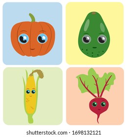 pumpkin, avocado, corn, radish four vegetables educational cards for kids