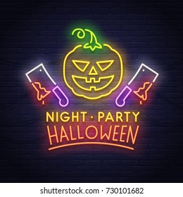 Pumpkin and ax neon sign. Happy Halloween. Neon sign, bright signboard, light banner. 
