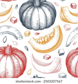 Pumpkin background. Autumn vegetables hand-drawn vector illustrations. Vintage Thanksgiving seamless pattern. NOT AI generated
