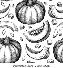 Pumpkin background. Autumn vegetables hand-drawn vector illustrations. Vintage Thanksgiving seamless pattern. NOT AI generated