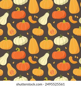 Pumpkin background. Autumn vegetables seamless pattern. Vector illustration