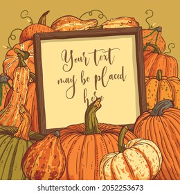 Composición de cosecha de calabaza vectora con un espacio de fotocopia para afiches, pancartas, tarjetas de saludo o invitación