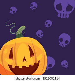 pumpkin with background skulls pattern vector illustration design