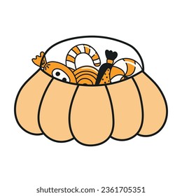 Pumpkin bag  basket and candy hand drawn Halloween illustration  Cartoon style line art design  isolated vector  Kids seasonal print  autumn holiday  trick treat  costume party element