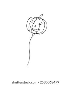 Pumpkin balloon with a scary face for Halloween. Creepy Halloween balloon for a party. Isolated illustration on a white background. Hand-drawn illustration.