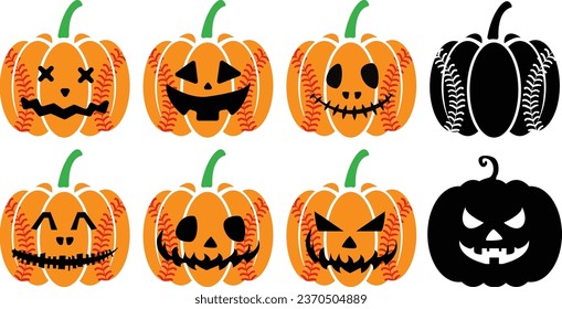 Pumpkin Baseball Halloween, Happy Halloween,  with Orange pumpkin with smile , Vector illustration.