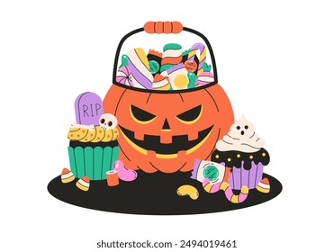 Cesta de calabaza con dulces y dulces espeluznantes. Dulces de Halloween. Feliz Halloween, truco o trato. Ilustración vectorial en estilo plano