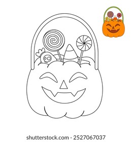 Cesta de abóbora com doces assustadores e doces coloração páginas para crianças. Traço e cor halloween. Doce halloween em vetor de saco de abóbora. Planilha imprimível para crianças. Doces de Halloween. Truque ou deleite.