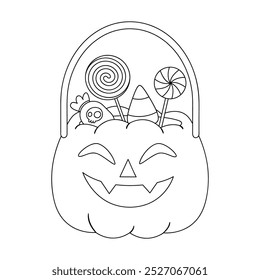 Pumpkin basket with creepy sweets and candies coloring pages for kids. Trace and color halloween. Candy halloween in pumpkin bag vector. Worksheet printable for kids. Halloween sweets. Trick or treat.