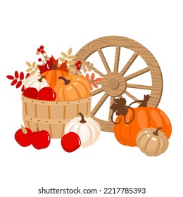 Pumpkin in a basket next to a wooden cart wheel.  Illustrated vector element.