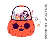 Pumpkin basket with  sweets and candies. Trick or Treat postcard design. Halloween sweets. Happy Halloween, Halloween for kids. Vector illustration in flat style