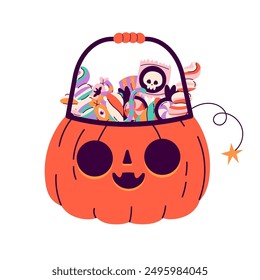 Pumpkin basket with  sweets and candies. Trick or Treat postcard design. Halloween sweets. Happy Halloween, Halloween for kids. Vector illustration in flat style