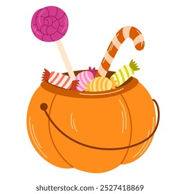 Pumpkin basket with sweets and candies. Trick or Treat design. Halloween sweets. Happy Halloween for kids. Isolated flat vector illustration