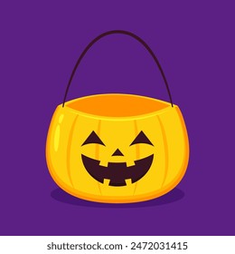 Pumpkin basket vector. Pumpkin basket empty for Halloween. Horrible vegetable basket of sweets.