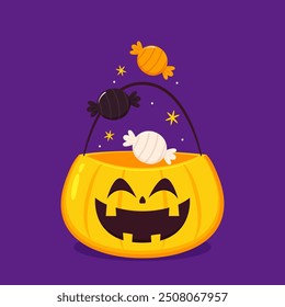 Pumpkin basket vector. Pumpkin basket empty for Halloween. Horrible vegetable basket of sweets.