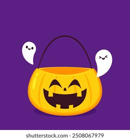 Pumpkin basket vector. Pumpkin basket empty for Halloween. Horrible vegetable basket of sweets.