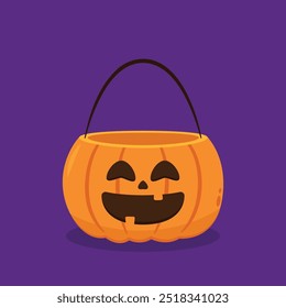 Pumpkin basket vector. Pumpkin basket empty for Halloween. Horrible vegetable basket of sweets.