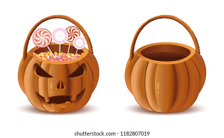 Pumpkin baskets for sweets. Halloween baskets set. Jack-o-lantern basket. Vector illustration isolated on white background