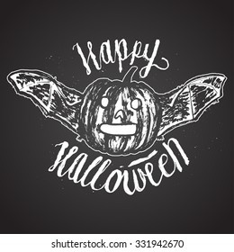 pumpkin bat calligraphy chalk on board. vector label.