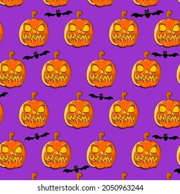 Pumpkin and bat cartoon style seamless pattern background. for Halloween. hand drawn. Vector cartoon Illustration.