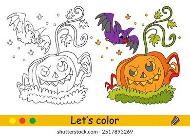 Kürbis und Fledermaus Färbung Vektorgrafik. Halloween-Kürbiskontur einzeln auf weißem Hintergrund. Malbuch-Seite für Kinder mit bunten Vorlage. Handgezeichnete Herbsternte. Skizze eines Kürbisses