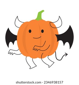 Pumpkin with Bat devil costume . Halloween cartoon character . Vector .