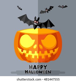 Pumpkin with bat Happy Halloween. - in flat style.