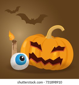 pumpkin with bat, Happy halloween vector illustration.