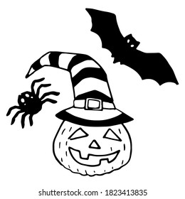 Pumpkin and bat icons on white isolated backdrop. Halloween symbols for invitation or gift card, notebook, bath tile, scrapbook. Phone case or cloth print art. Doodle style stock vector illustration