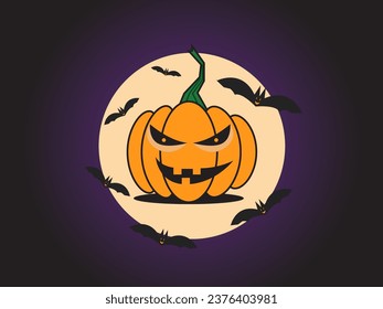 Pumpkin and Bat and moon halloween background.