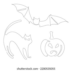 Pumpkin and bat single line. Halloween symbols line art. linear scary animals and pumpkins. Outline Elements for Halloween invitation.