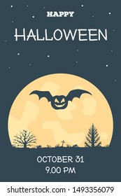 Pumpkin with bat wings flies over the forest cemetery on the background of a huge moon. Concept banner  for Halloween and horror night party. Flat vector template for invitation card or poster.