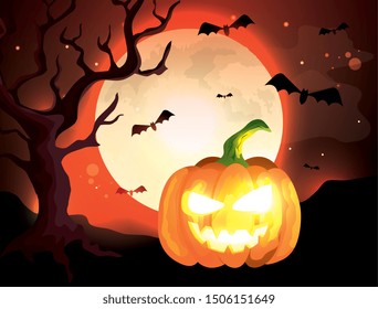pumpkin with bats flying in halloween scene