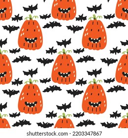 Pumpkin bats halloween pattern. Halloween kids wallpaper, digital paper. Cartoon flat vector repeat background